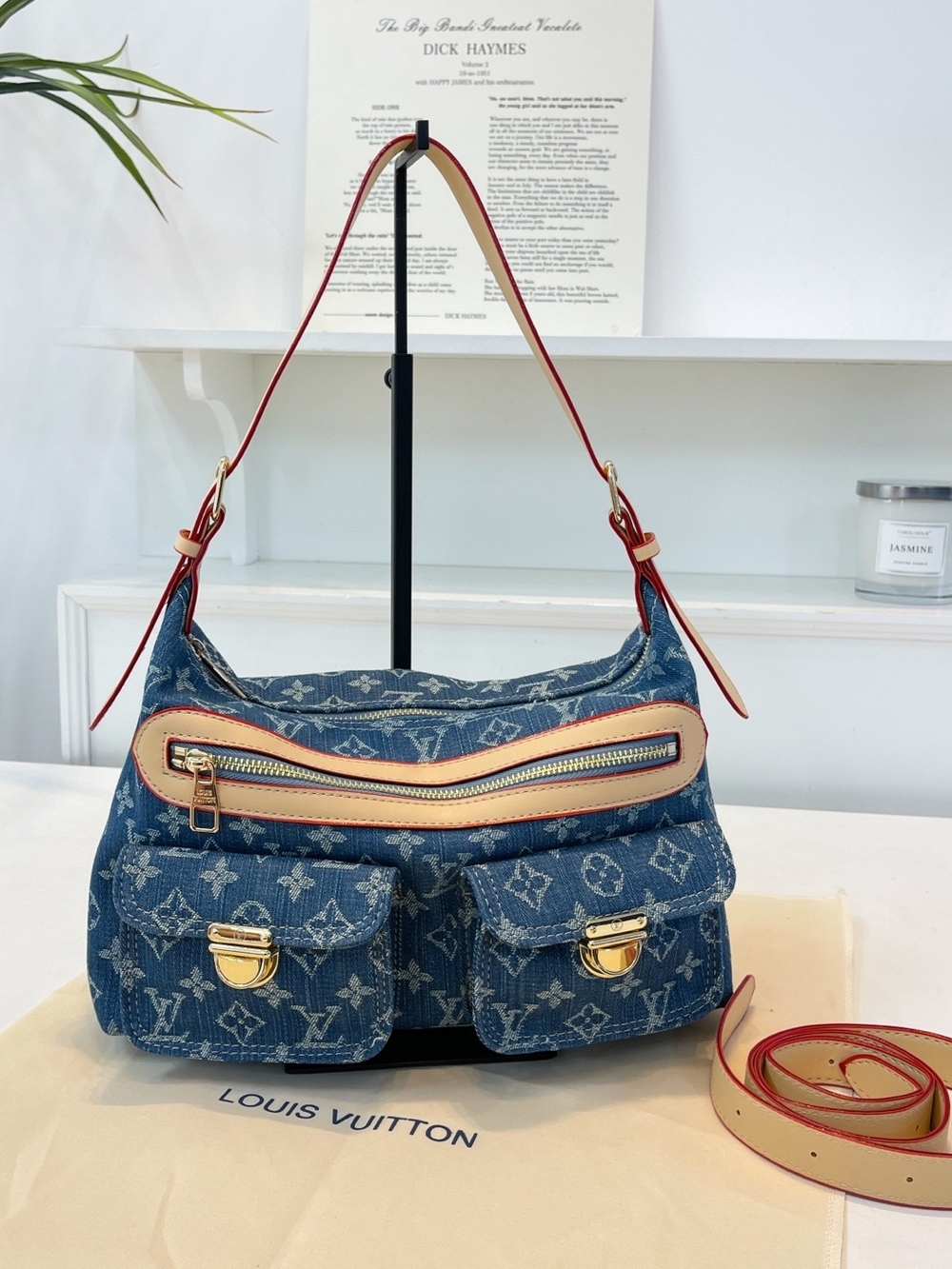 Denim Monogram Shoulder Bag with Cream Trim and Red Edging